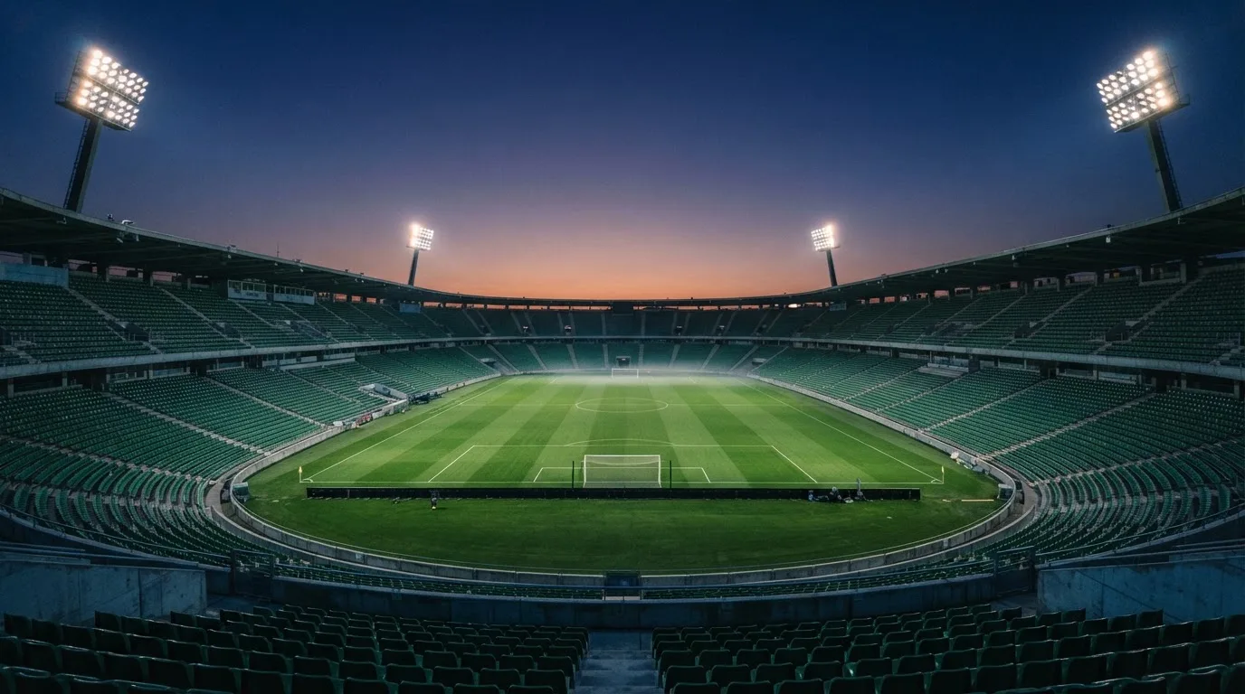 An empty football stadium with floodlight masts at dusk