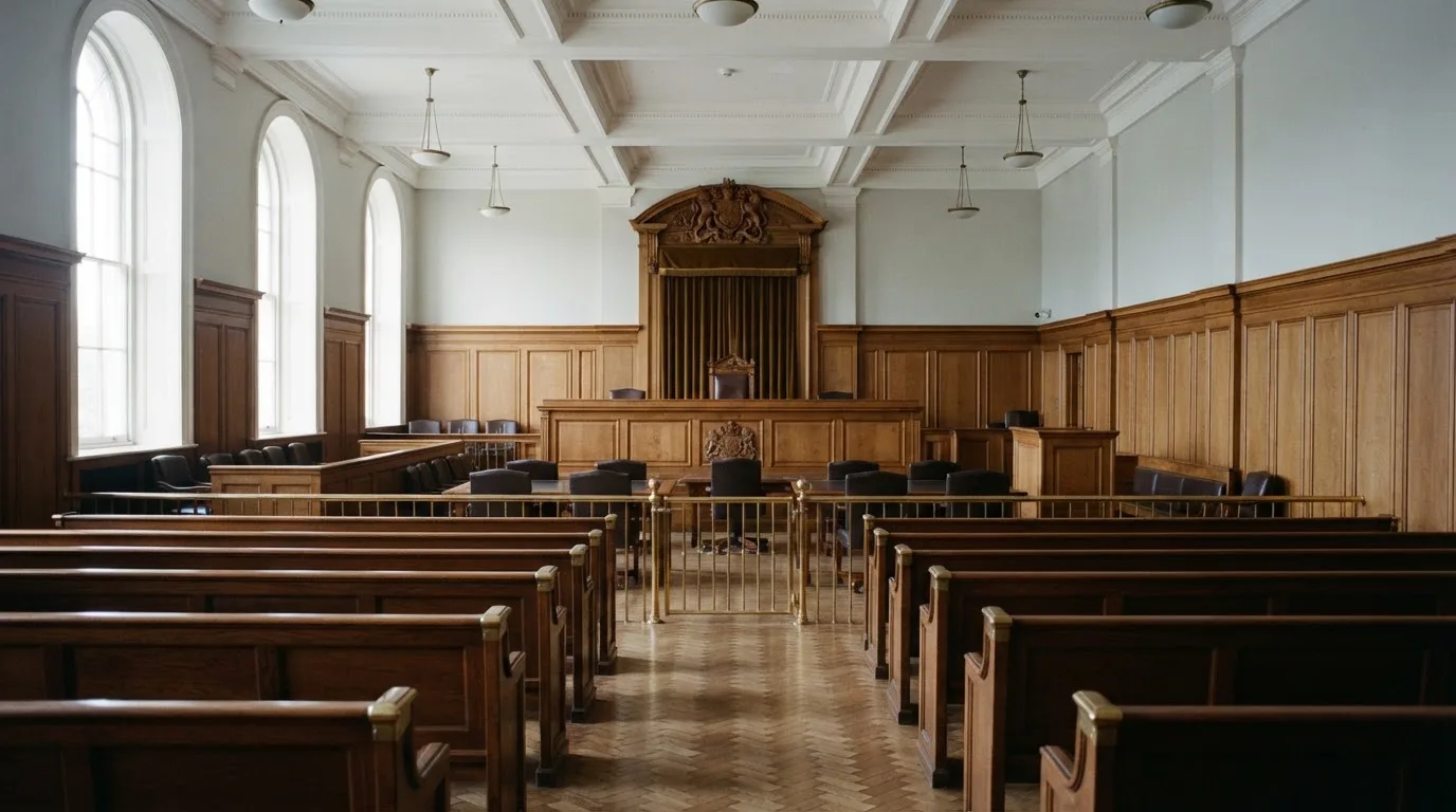 An empty courtroom with wooden benches in morning light
