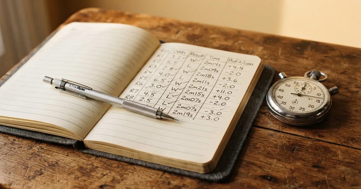 An open notebook with a pencil and a stopwatch on a wooden table