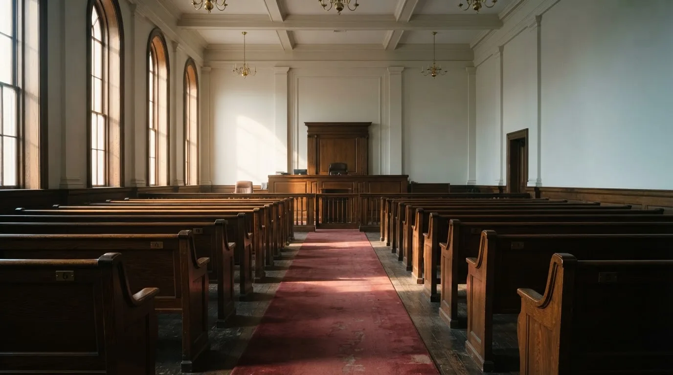 An empty courtroom with wooden benches in morning light