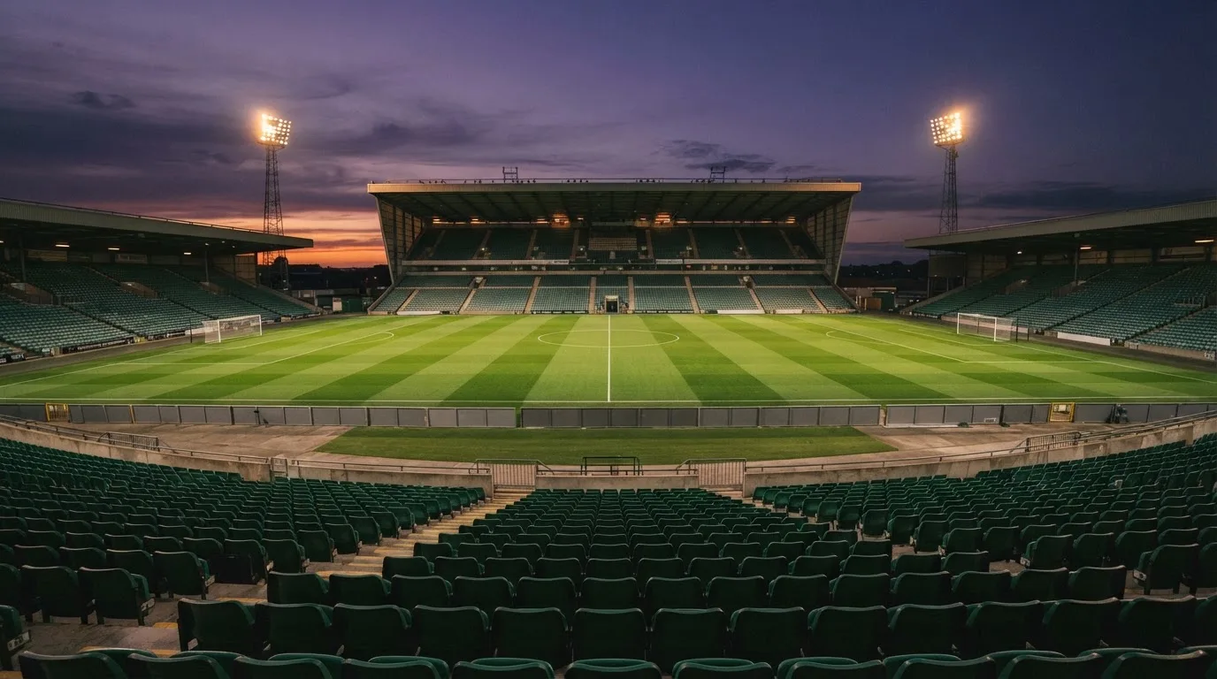 An empty football stadium with floodlight masts at dusk