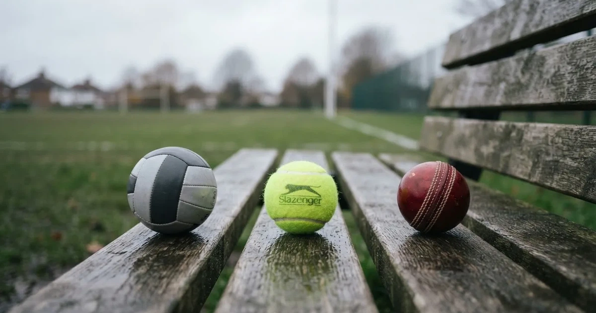 Three balls of different kinds side by side on a wooden bench