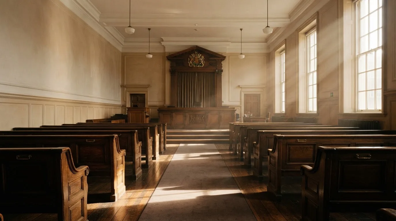 An empty courtroom with wooden benches in morning light