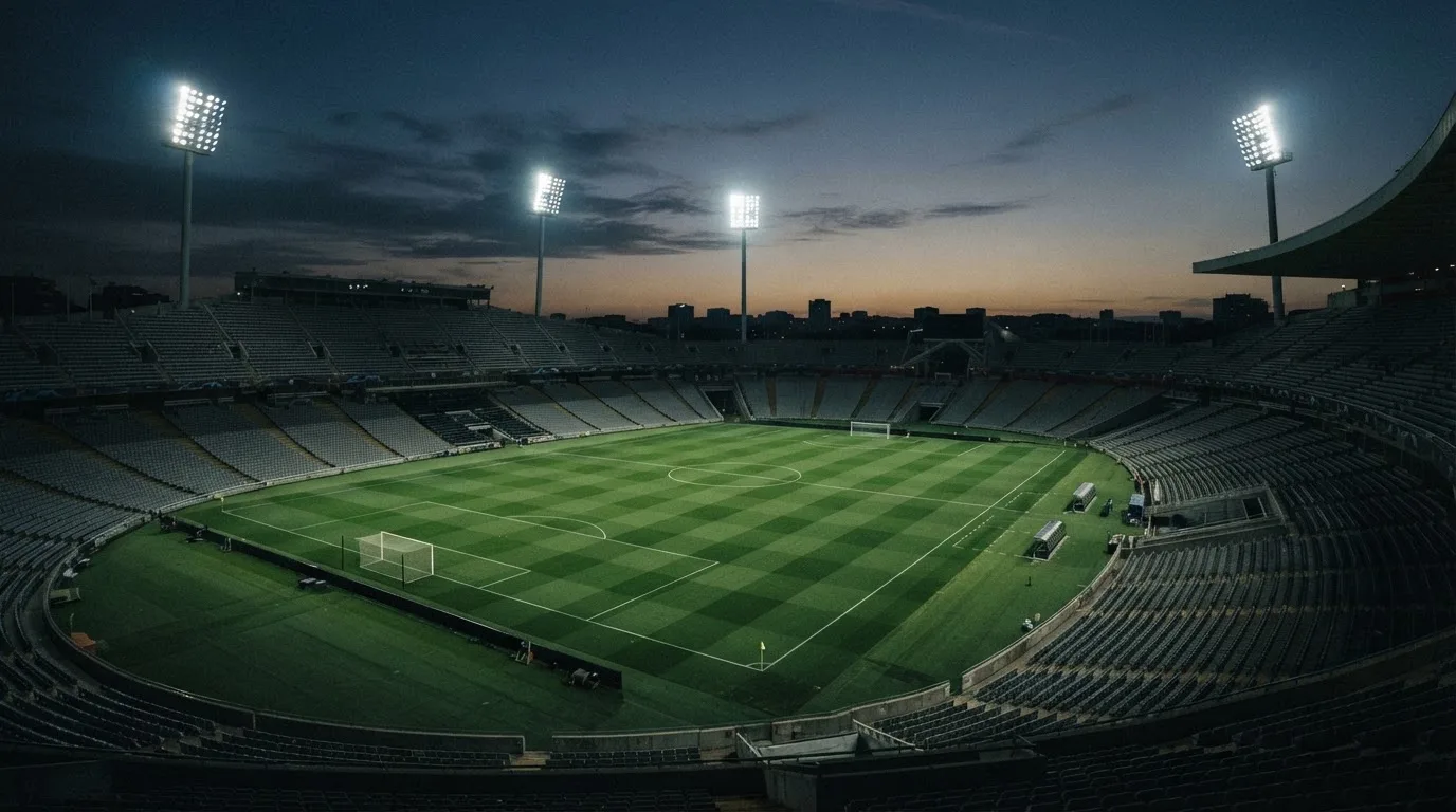 An empty football stadium with floodlight masts at dusk