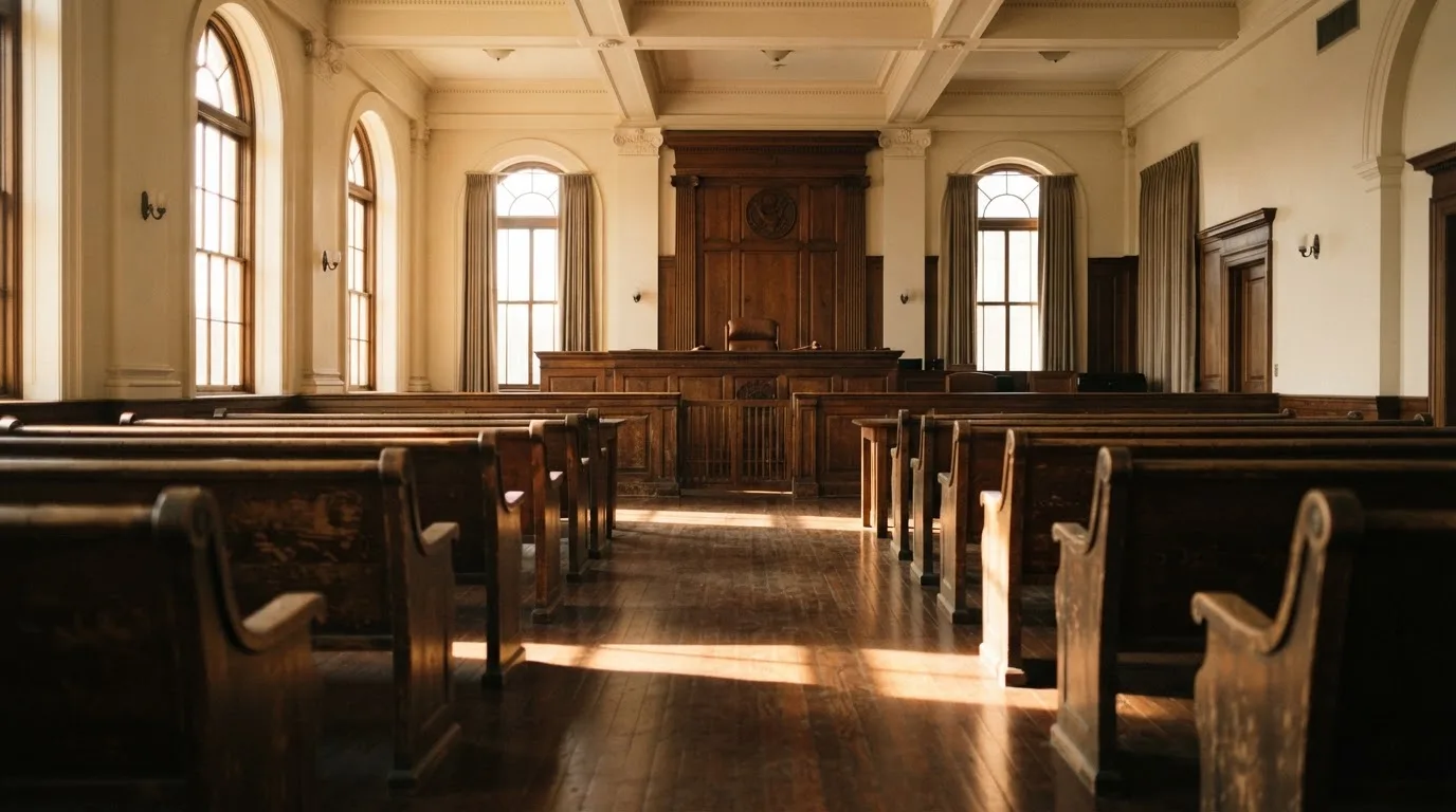An empty courtroom with wooden benches in morning light