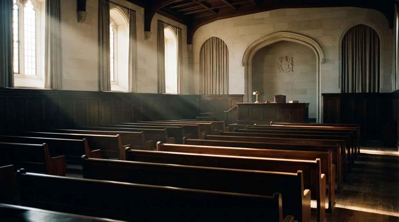 An empty courtroom with wooden benches in morning light