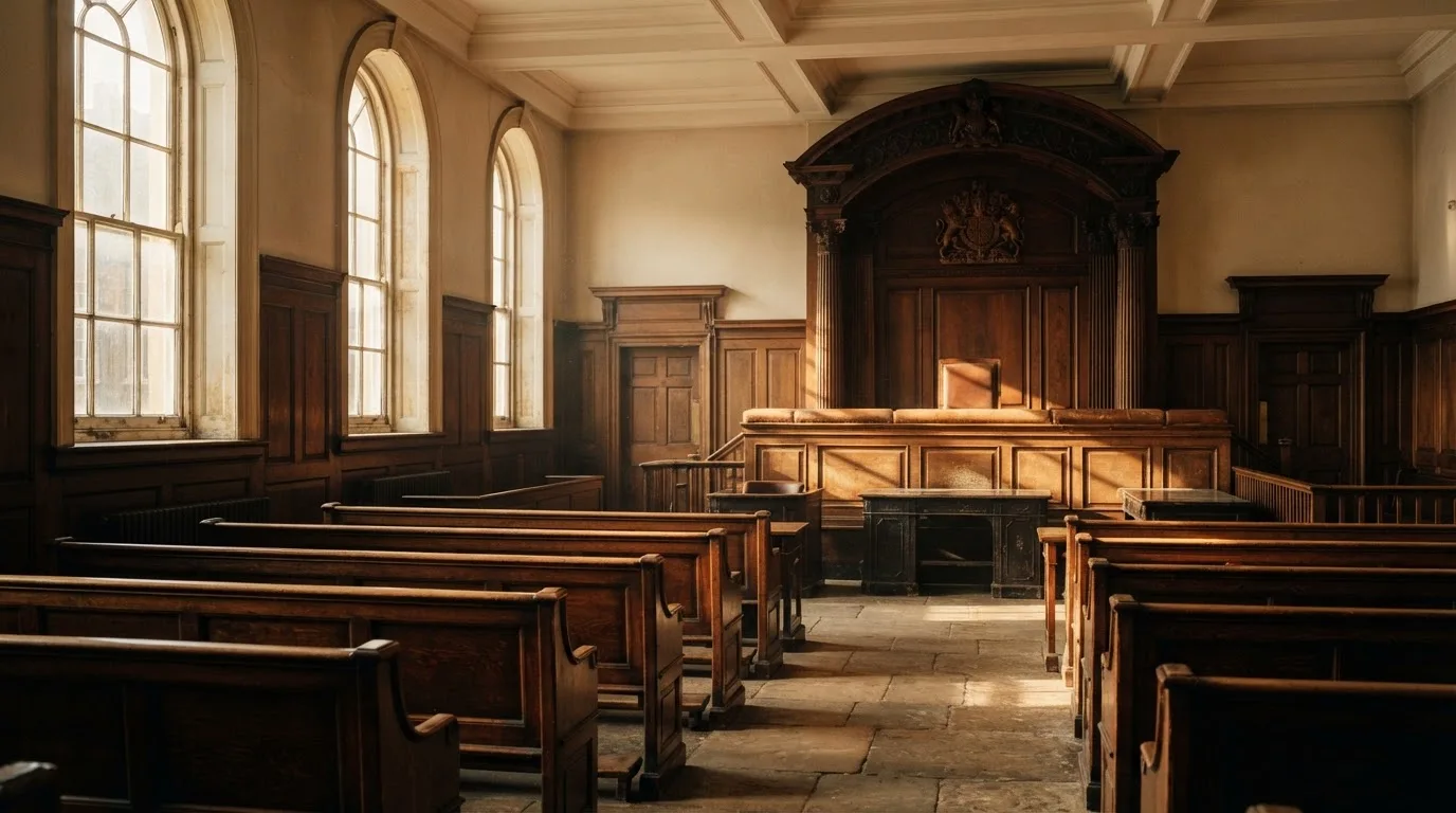 An empty courtroom with wooden benches in morning light