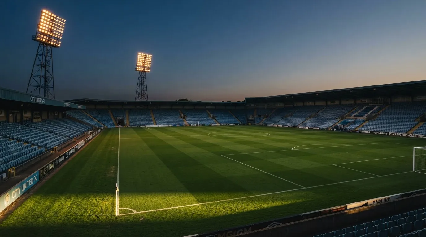 An empty football stadium with floodlight masts at dusk