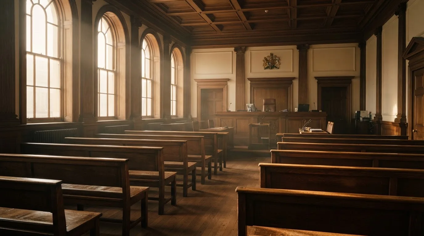 An empty courtroom with wooden benches in morning light