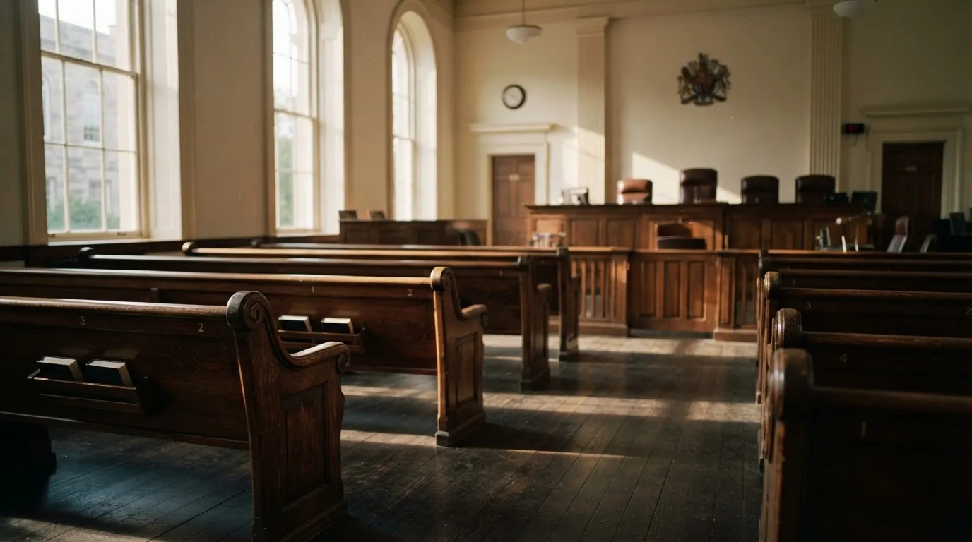 An empty courtroom with wooden benches in morning light