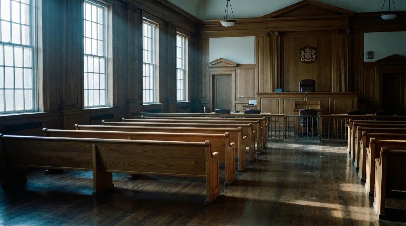 An empty courtroom with wooden benches in morning light