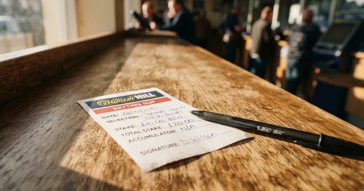 A blank paper betting slip beside a pen on a wooden counter