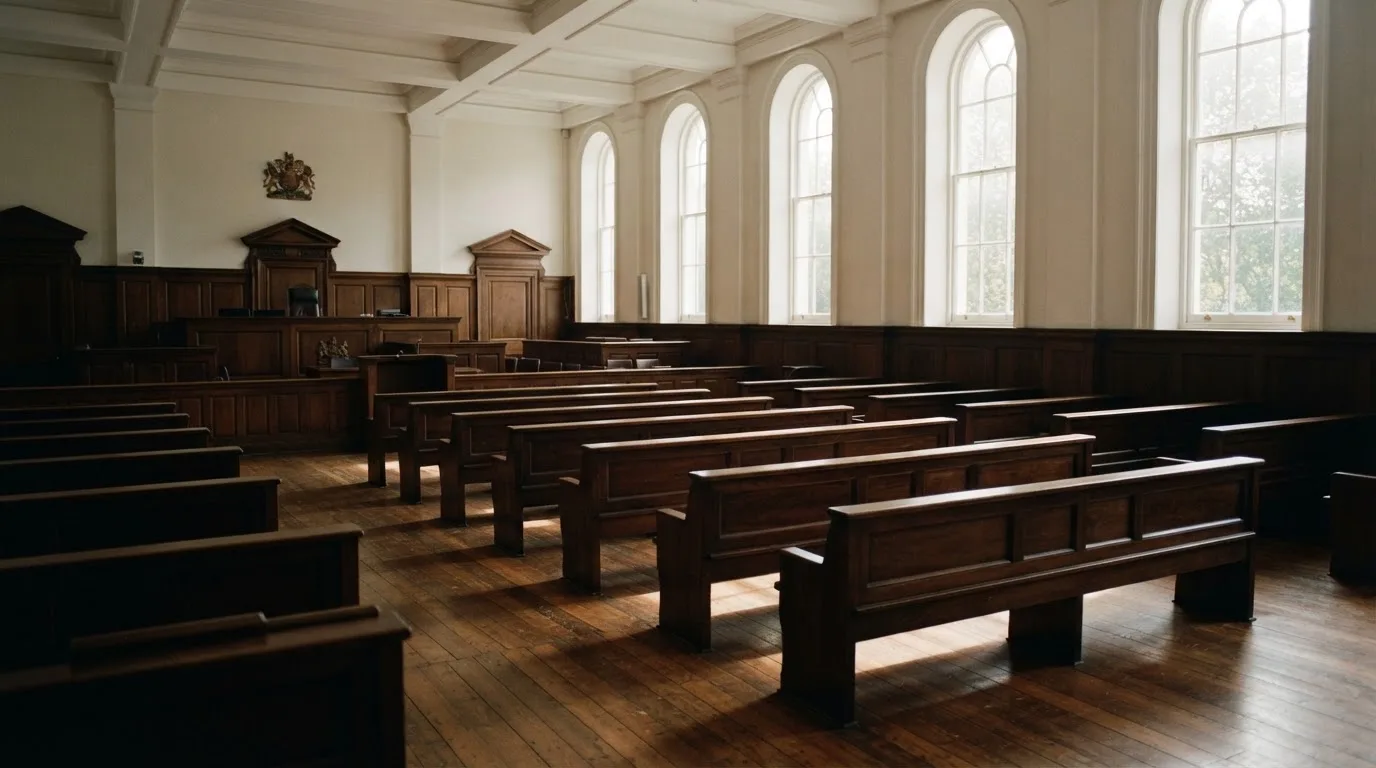 An empty courtroom with wooden benches in morning light