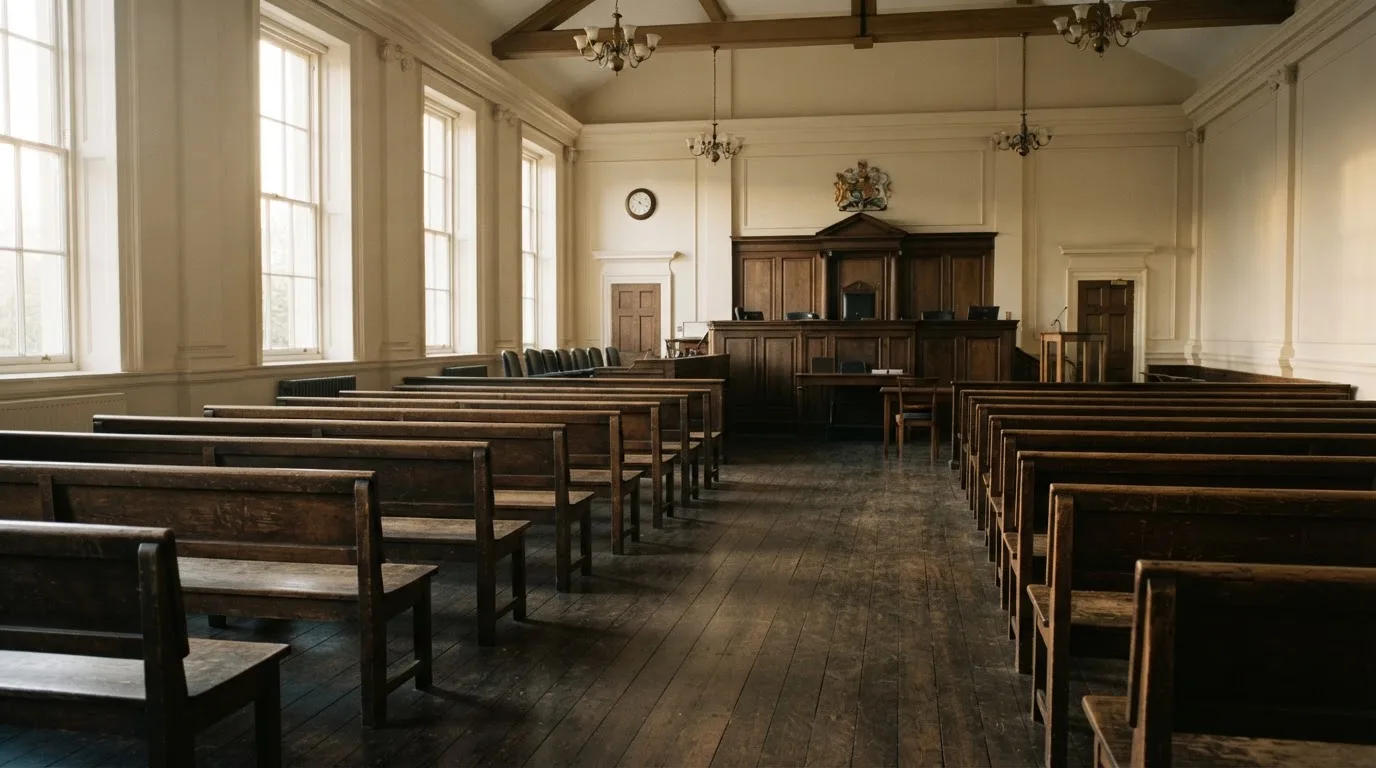 An empty courtroom with wooden benches in morning light