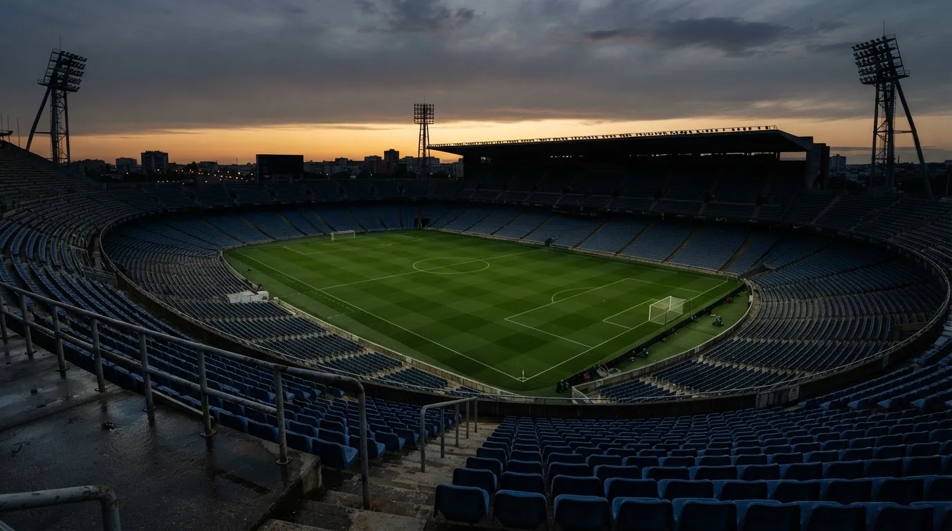 An empty football stadium with floodlight masts at dusk