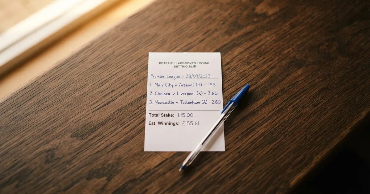 A blank paper betting slip beside a pen on a wooden counter