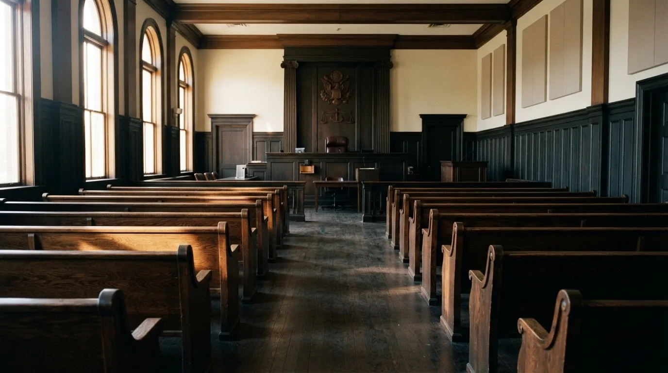 An empty courtroom with wooden benches in morning light