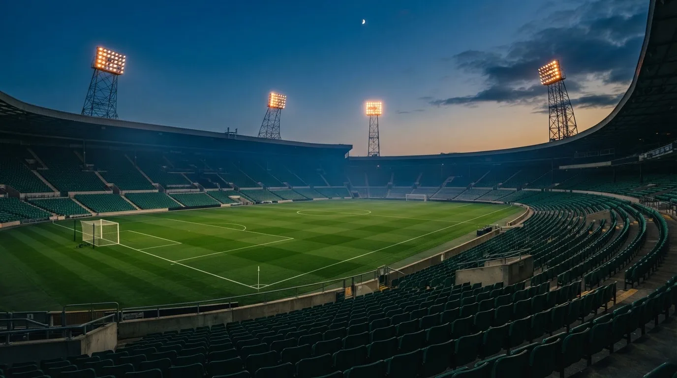 An empty football stadium with floodlight masts at dusk