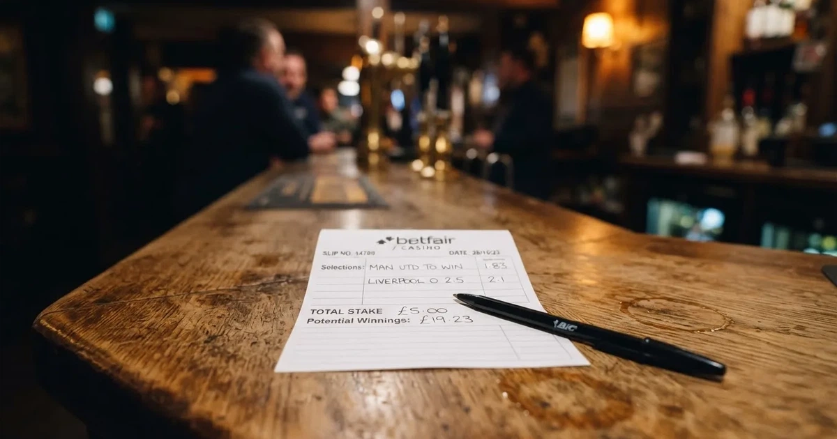 A blank paper betting slip beside a pen on a wooden counter