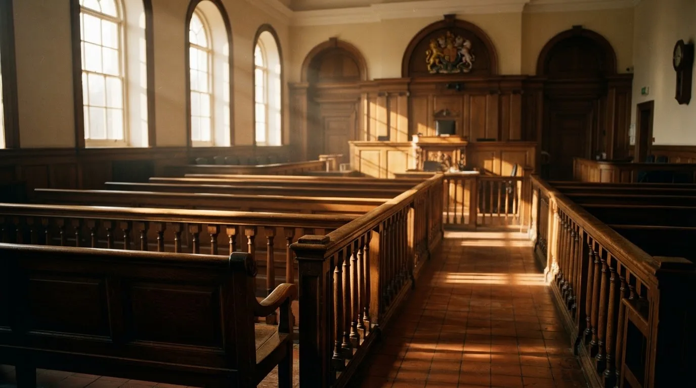 An empty courtroom with wooden benches in morning light