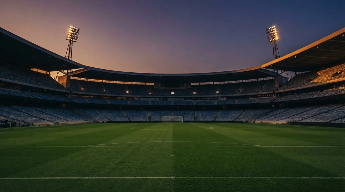 An empty football stadium with floodlight masts at dusk