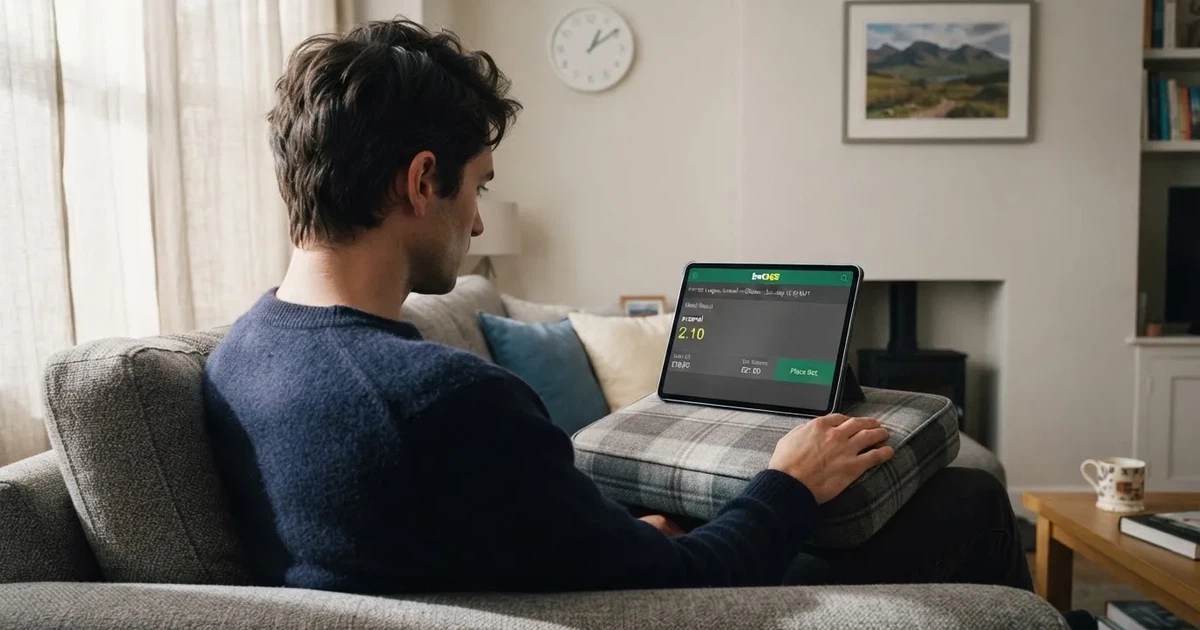 A person on a sofa looking thoughtfully at a tablet, a wall clock in the background
