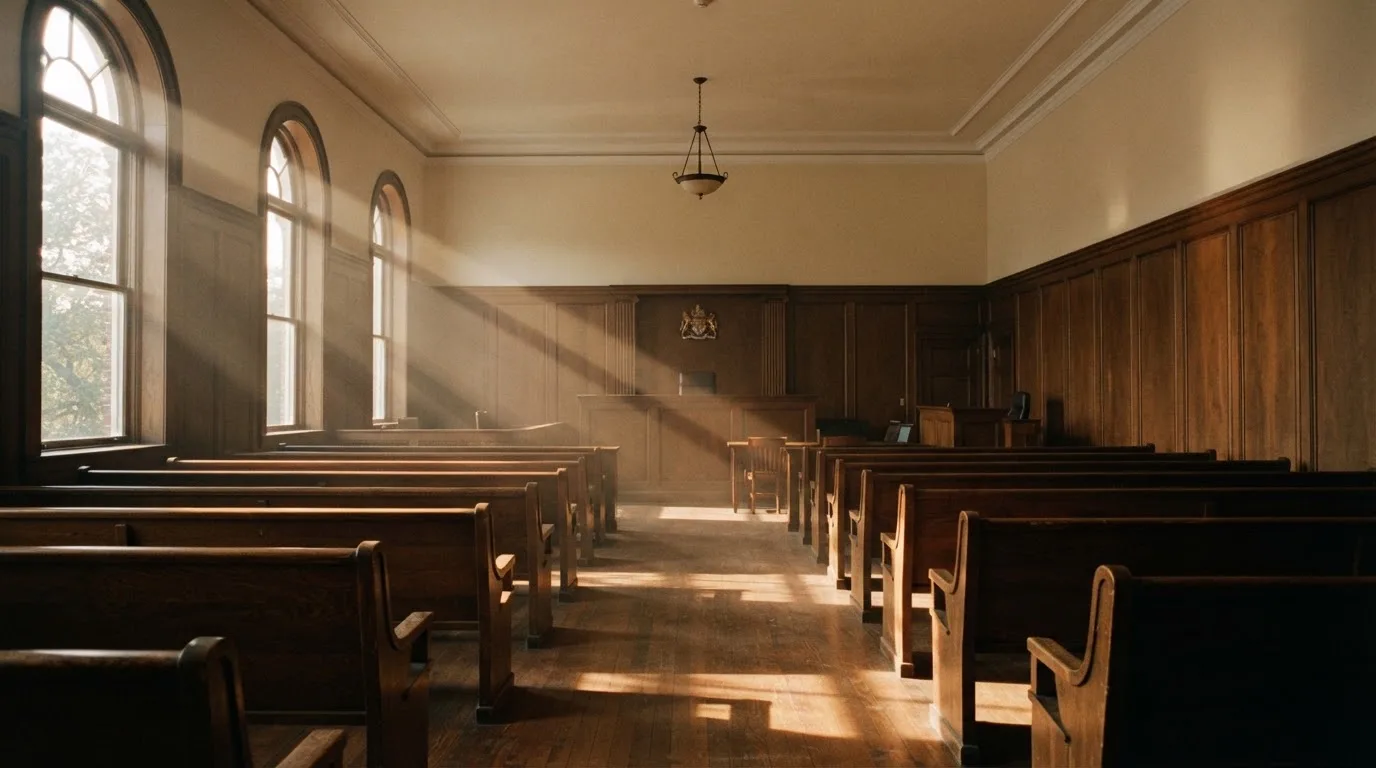 An empty courtroom with wooden benches in morning light