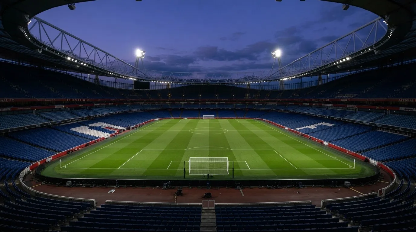 An empty football stadium with floodlight masts at dusk