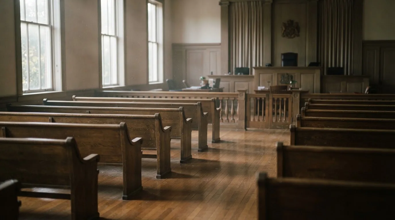 An empty courtroom with wooden benches in morning light