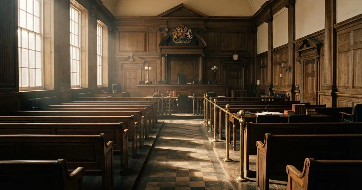 An empty courtroom with wooden benches in morning light