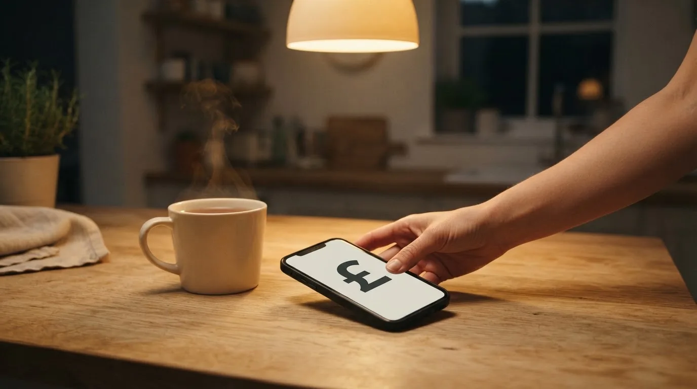 A hand setting a smartphone down beside a cup of tea on a kitchen table on a quiet evening