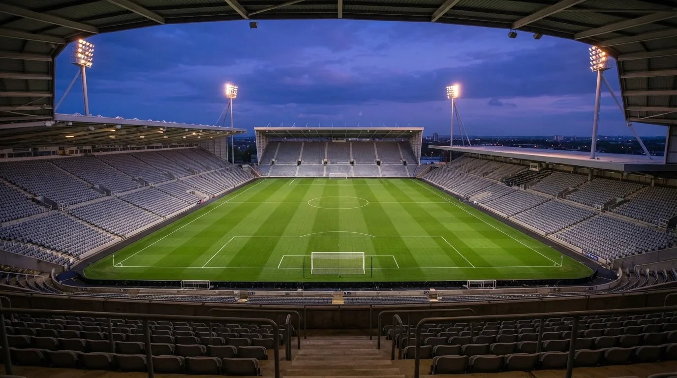 An empty football stadium with floodlight masts at dusk