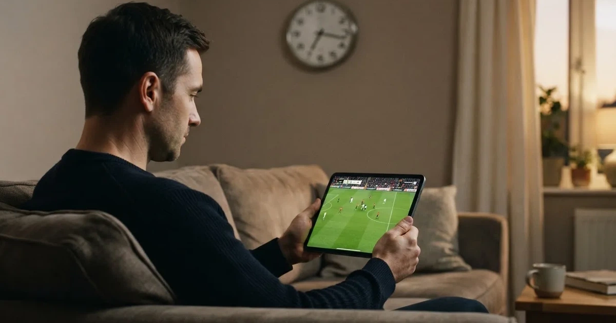 A person on a sofa looking thoughtfully at a tablet, a wall clock in the background