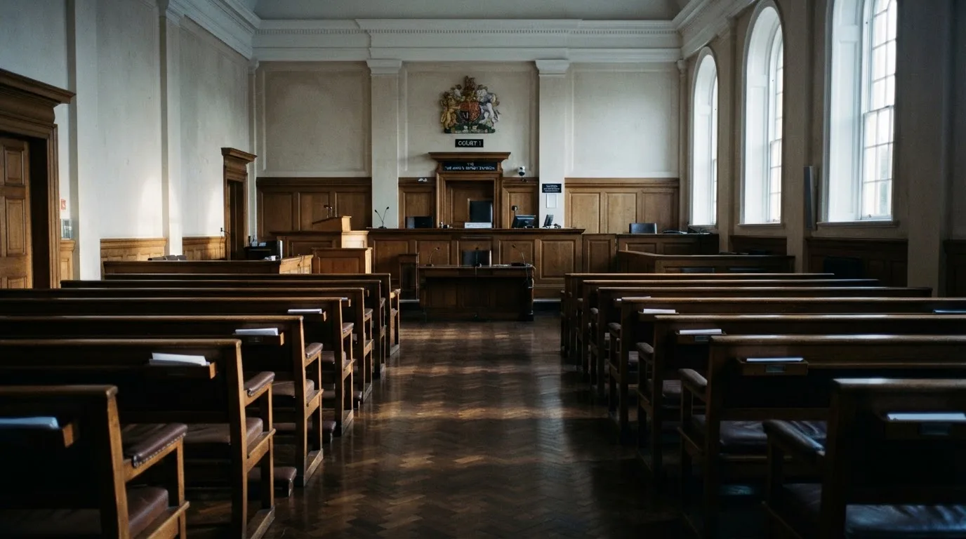An empty courtroom with wooden benches in morning light