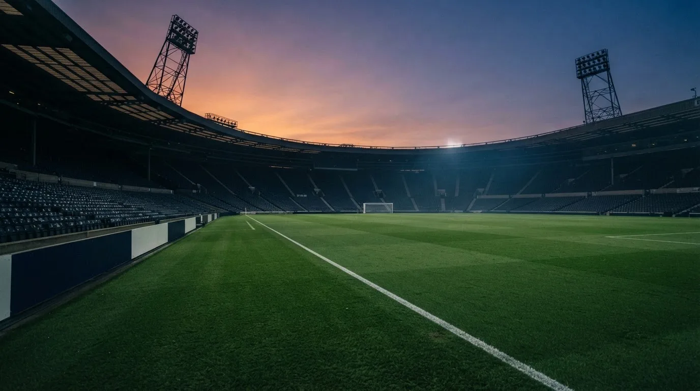 An empty football stadium with floodlight masts at dusk