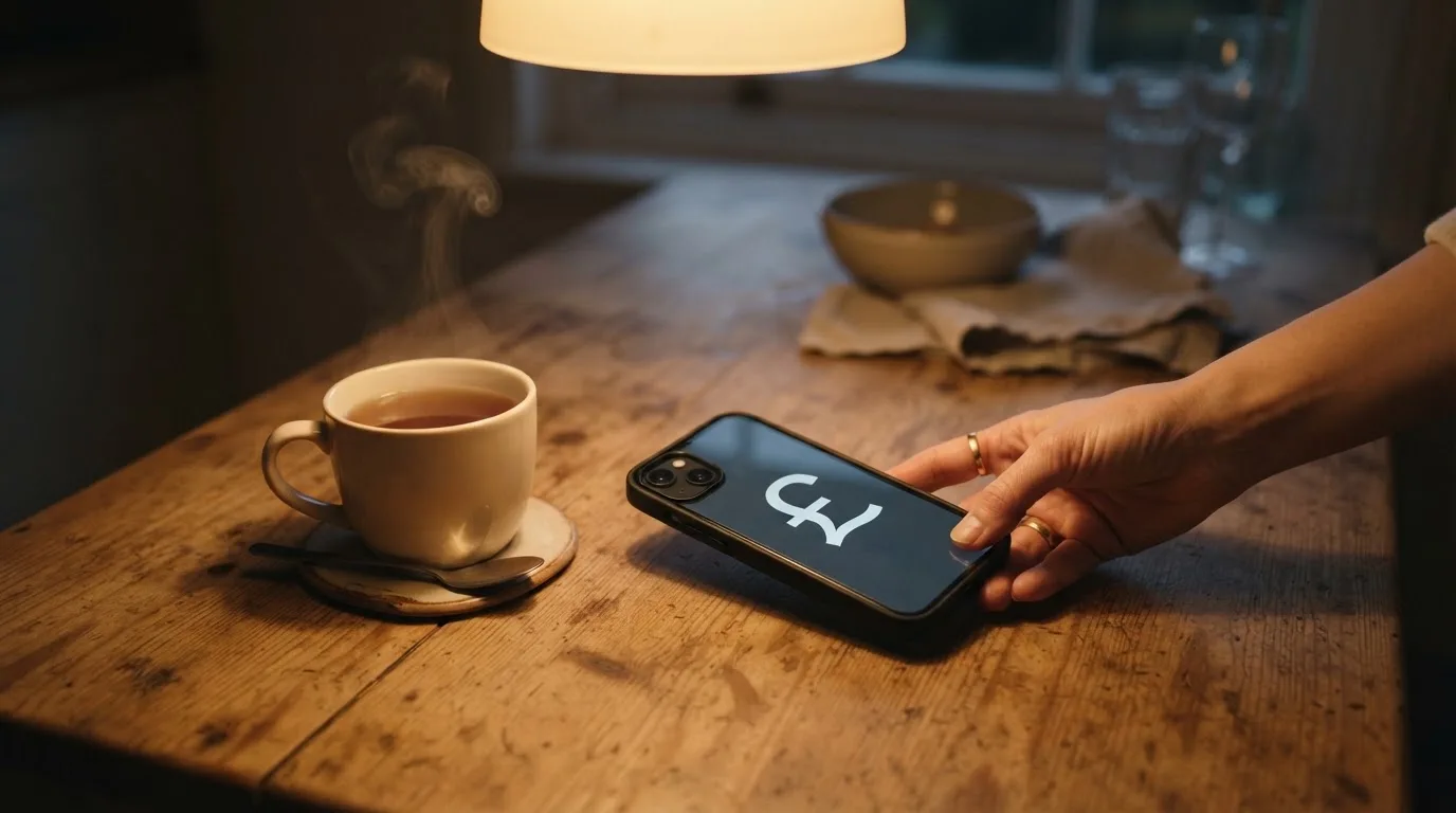 A hand setting a smartphone down beside a cup of tea on a kitchen table on a quiet evening