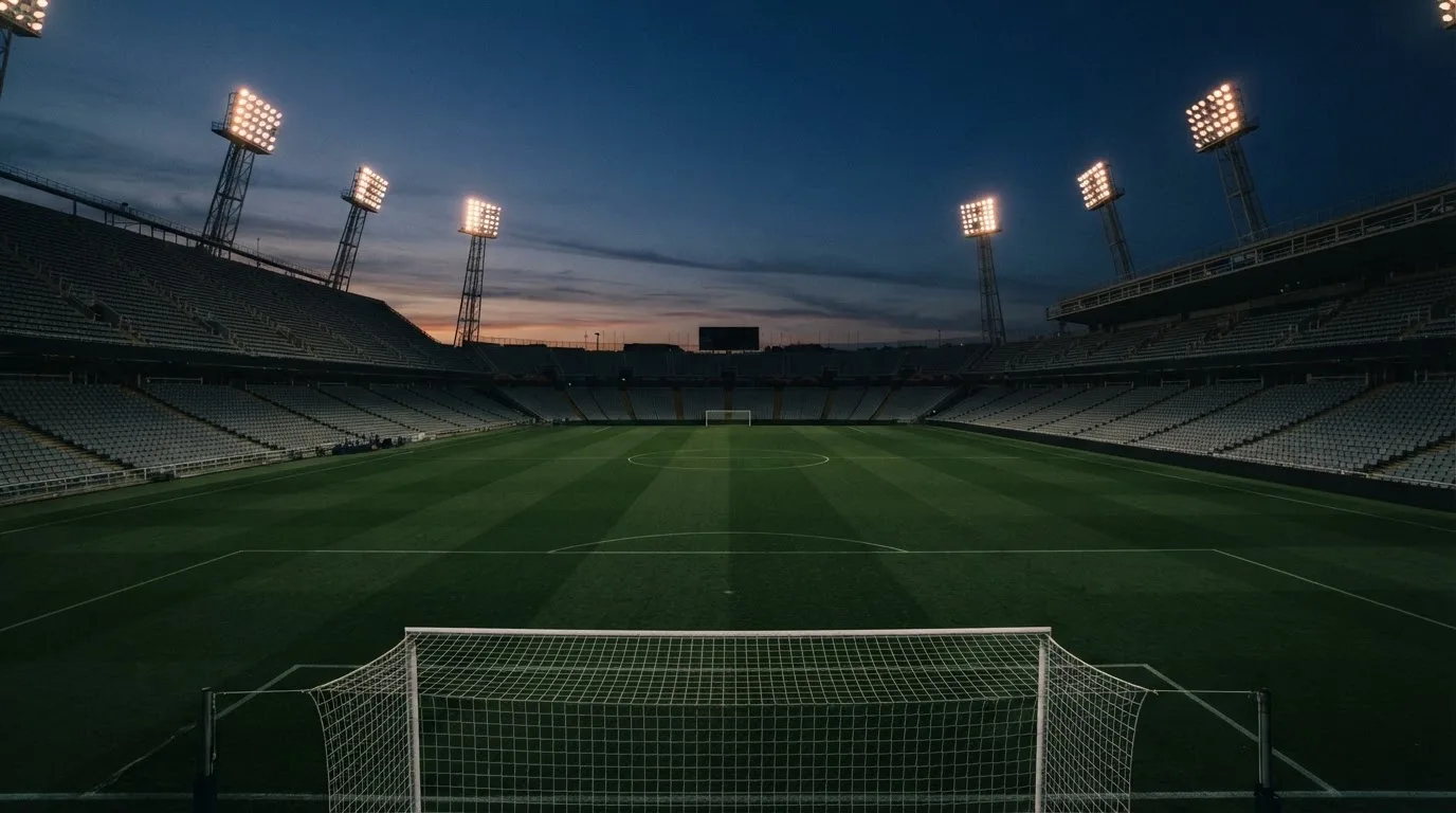 An empty football stadium with floodlight masts at dusk