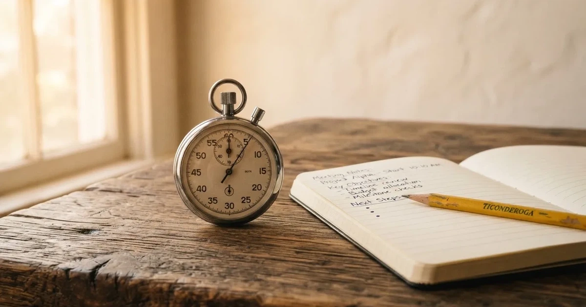An open notebook with a pencil and a stopwatch on a wooden table