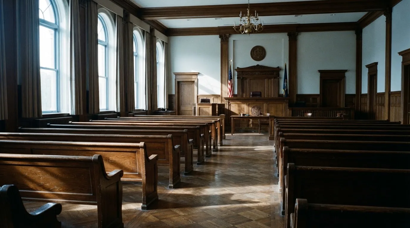 An empty courtroom with wooden benches in morning light