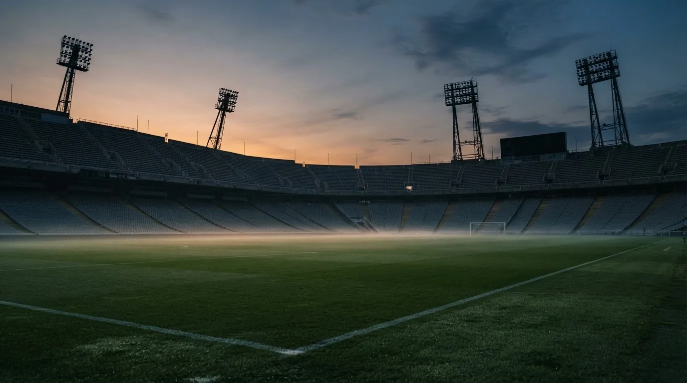 An empty football stadium with floodlight masts at dusk