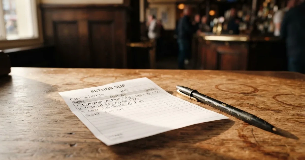 A blank paper betting slip beside a pen on a wooden counter