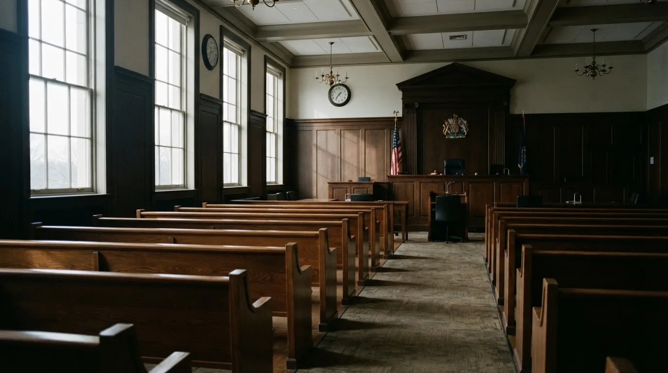 An empty courtroom with wooden benches in morning light