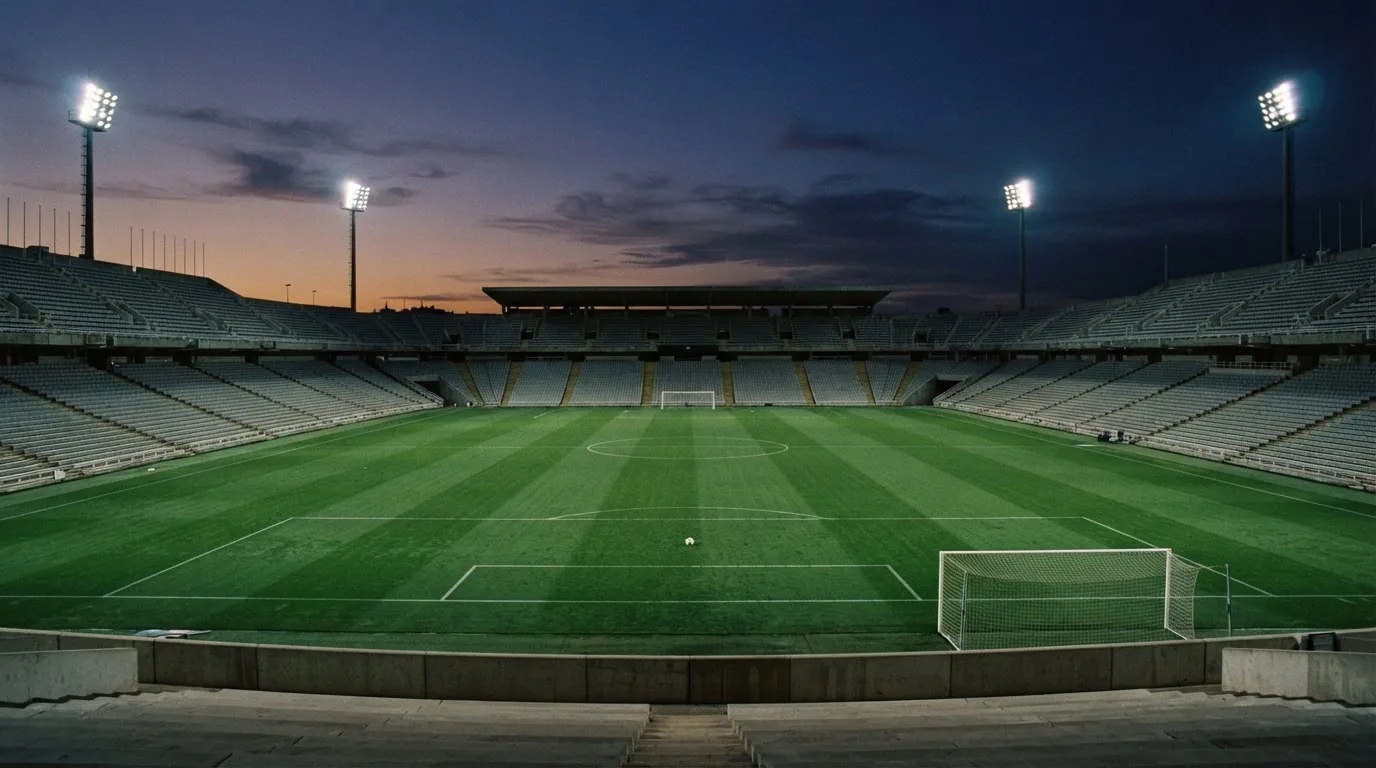 An empty football stadium with floodlight masts at dusk