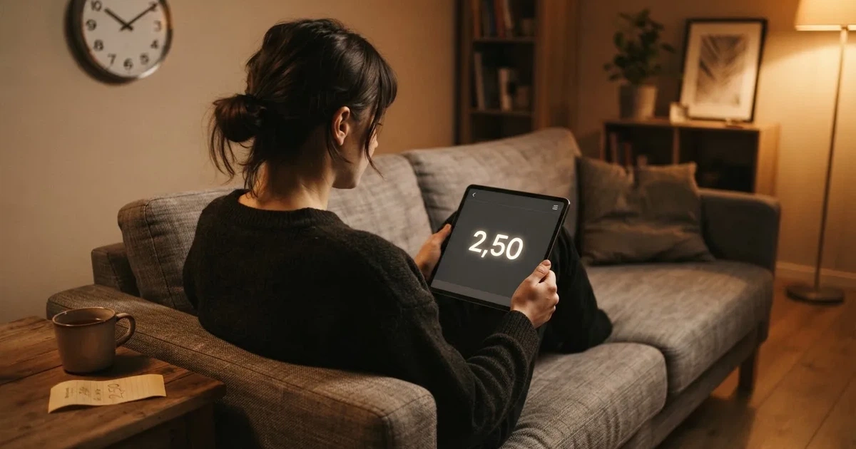 A person on a sofa looking thoughtfully at a tablet, a wall clock in the background