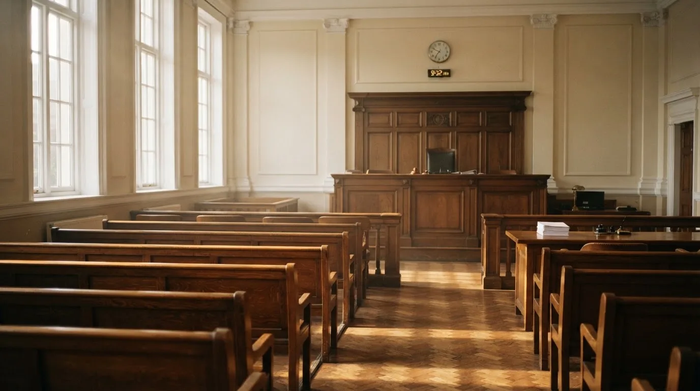 An empty courtroom with wooden benches in morning light