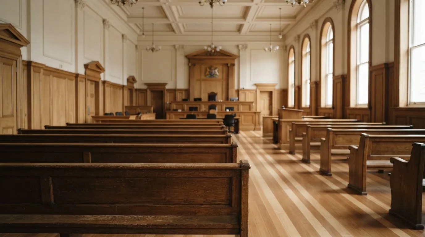 An empty courtroom with wooden benches in morning light