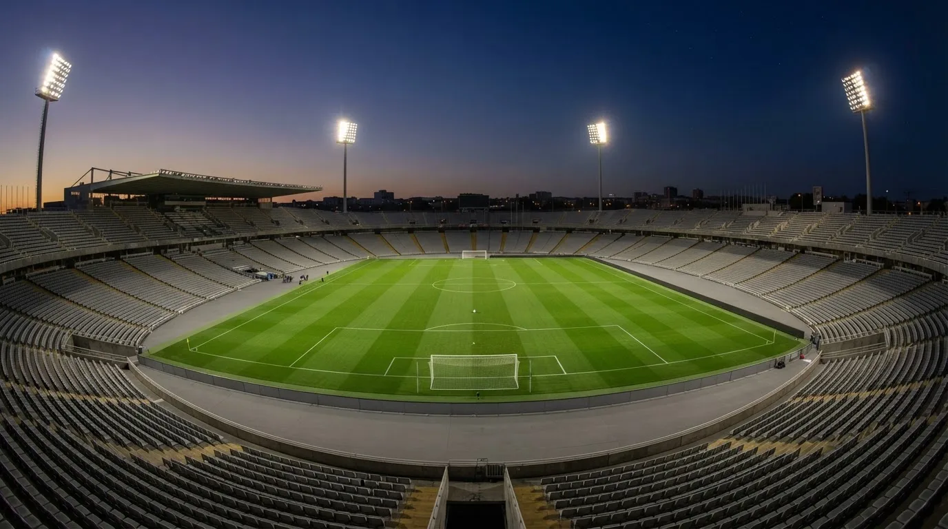 An empty football stadium with floodlight masts at dusk