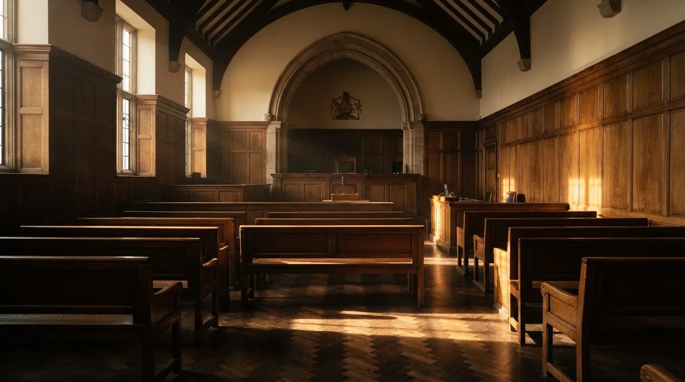 An empty courtroom with wooden benches in morning light