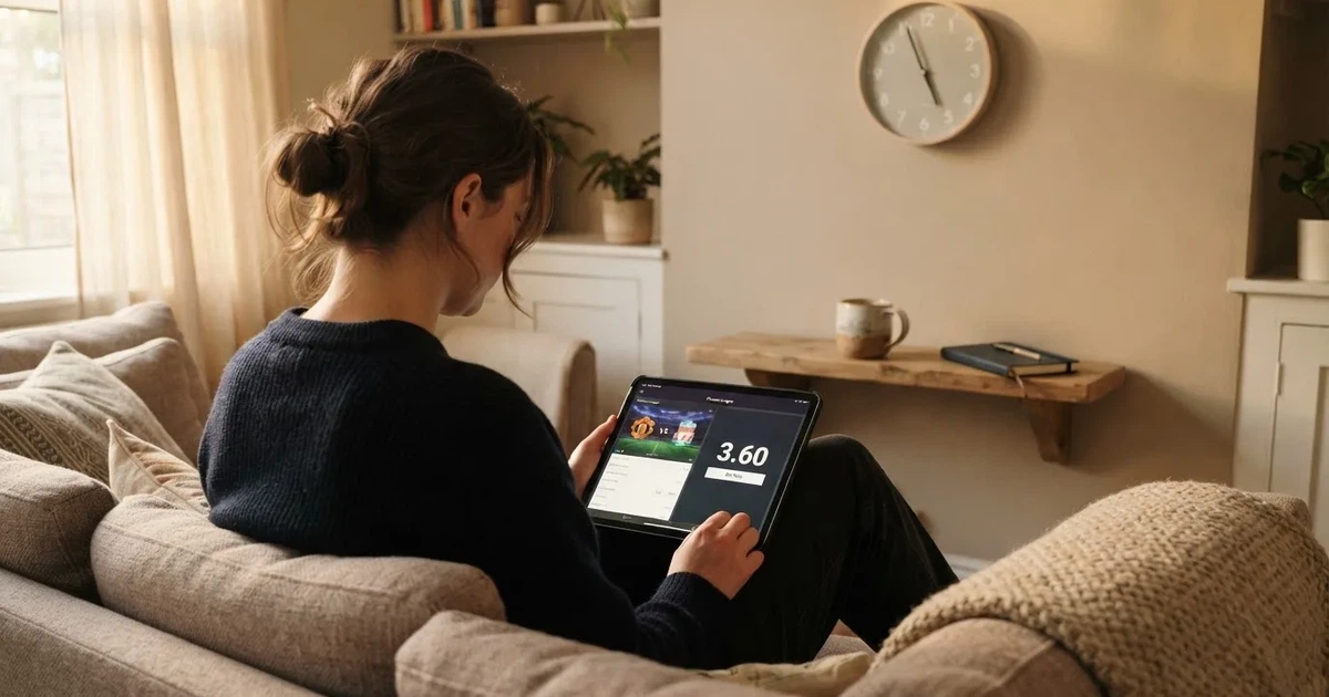 A person on a sofa looking thoughtfully at a tablet, a wall clock in the background