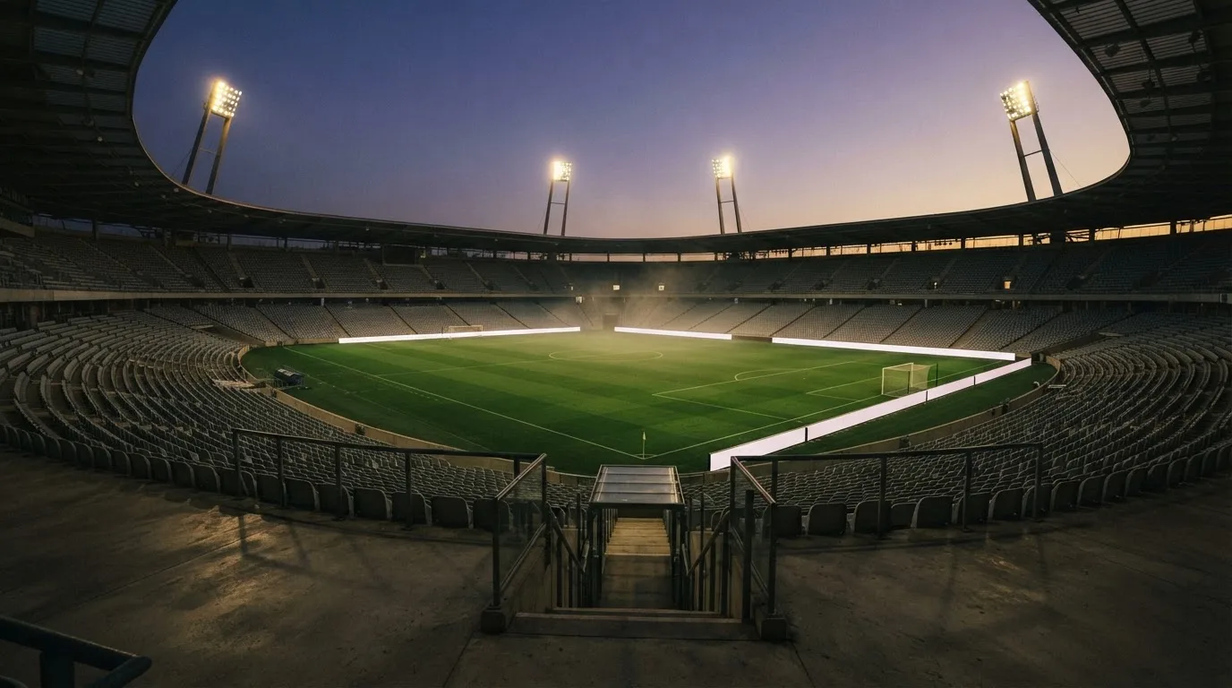 An empty football stadium with floodlight masts at dusk